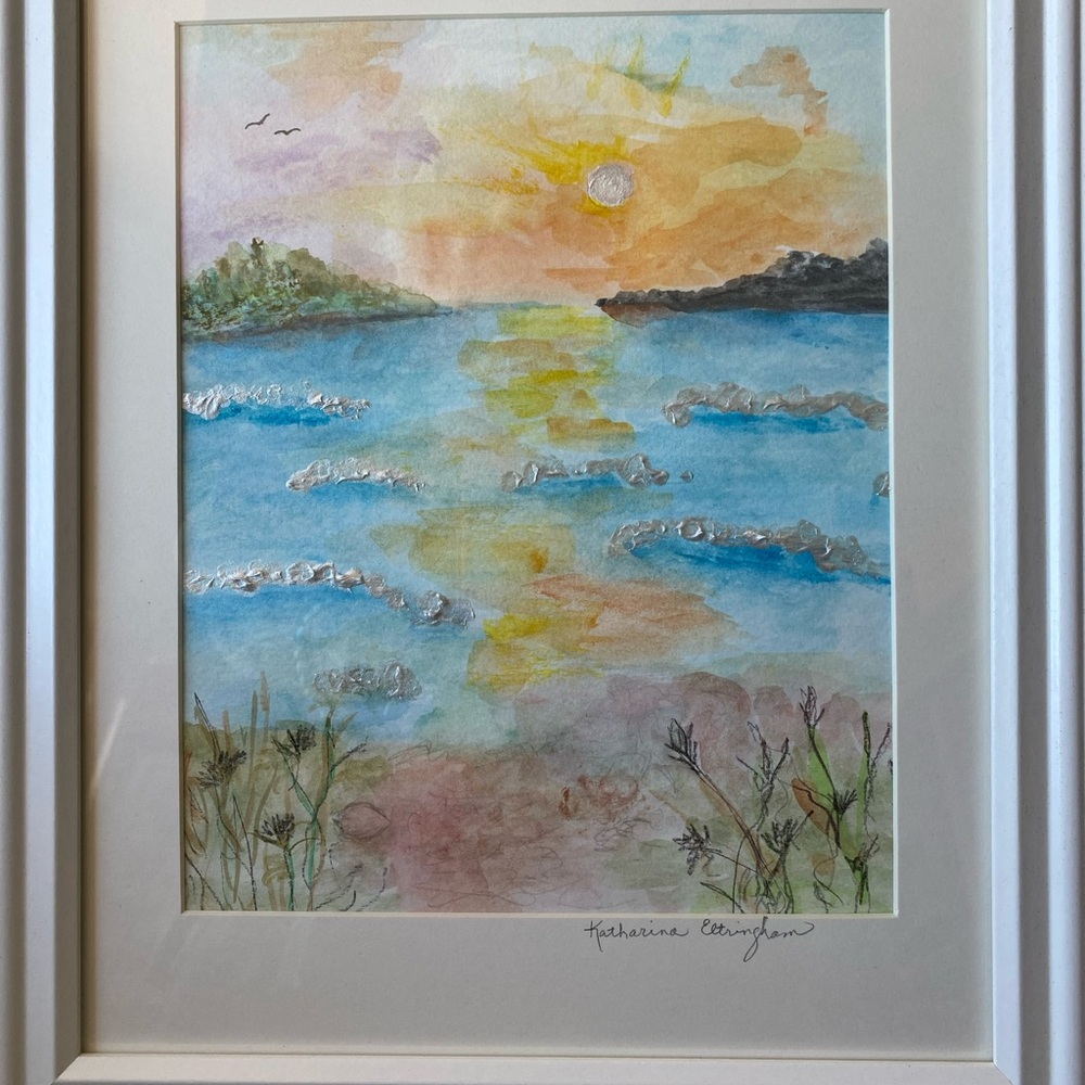 Framed Sunset Beach Watercolor Art